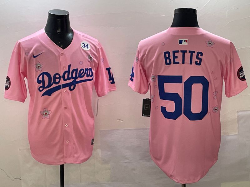 Men Los Angeles Dodgers #50 Betts Pink Sakura Edition 2025 Nike MLB Jersey style 5->los angeles dodgers->MLB Jersey